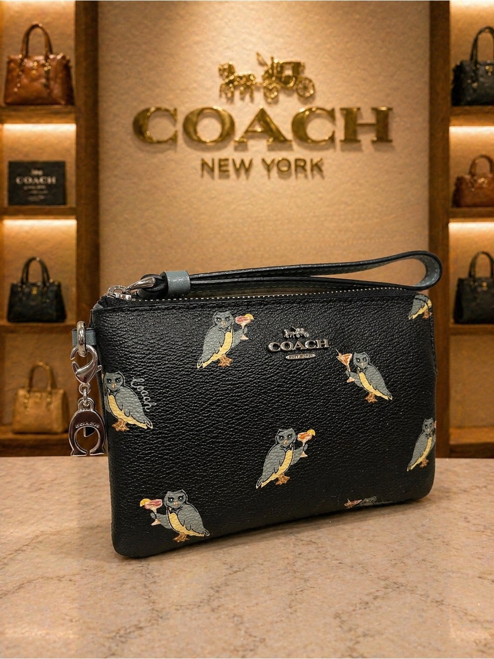 Coach Martini Party Owl Print Corner Zip Wristlet w/ Charm EUC - Picture 3 of 6